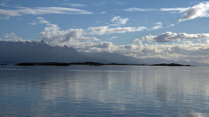 The Beagle Channel, surrounded by mountains, near Ushuaia, Argentina