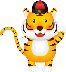 Cute cartoon tiger with traditional Chinese cap