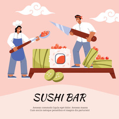 Sushi bar and Japanese cuisine banner with sushi chefs flat vector illustration.