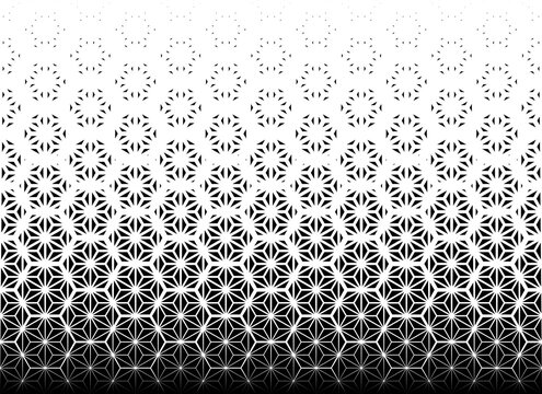 Geometric pattern of black figures on a white background.Seamless in one direction.Option with a AVERAGE fade out.Ray method.Additional hexagonal grid