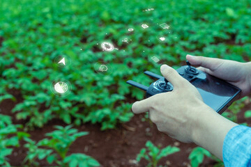 The smart farmer's hand use the drone controller for crop monitoring and the smart early warning technology concept. Selective Focus. Copy Space.