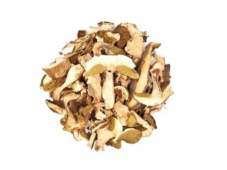 Heap of dried Porcini mushrooms cut in pieces on white background