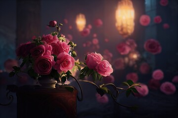 Romantic bouquet of roses. Fantasy rose, light blurred bokeh. Romantic evening atmosphere, rose garden, rose bouquet, flowers. 3D illustration