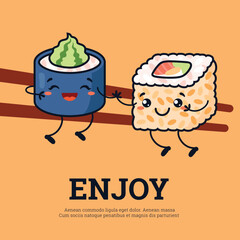 Kawaii sushi rolls on chopsticks design for Japanese bar vector illustration.
