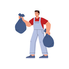 Man holding wastes in plastic litter bags flat vector illustration isolated.