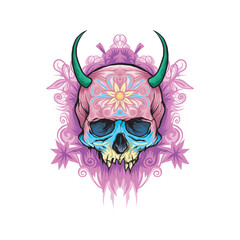 Purple green horned sugar skull with ornaments and flowers on the background best for t shirt design