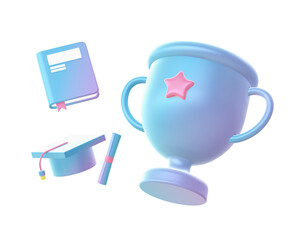 3d render of Gradient college student graduation from education with book and trophy illustration icons for web social media ads designs