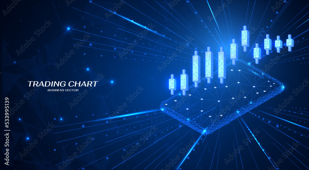 Poster stock market low poly chart monitoring on smart phone vector. growing financial trading business con
