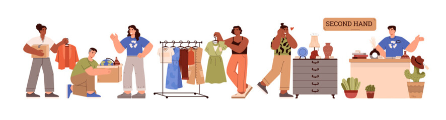 Shopping used goods in second hand store, flat vector illustration isolated.