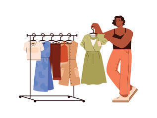 Woman taking off dress from a hanger rack flat vector illustration isolated.
