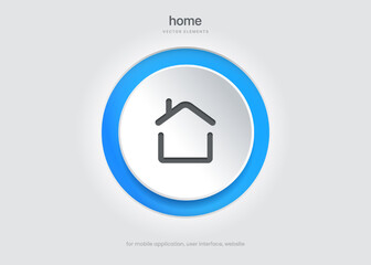 3d minimal modern home, homepage, base, main page, house icon emblem symbol, sign. 3d blue home icon. Mobile app icons. Device UI UX mockup. Isolated vector elements. Home push button.