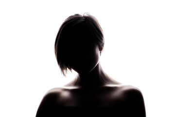 Silhouette portrait of a girl with short hairstyle. Isolated against white background .
