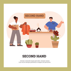 Second hand shop and used clothing sales banner or poster, vector illustration.