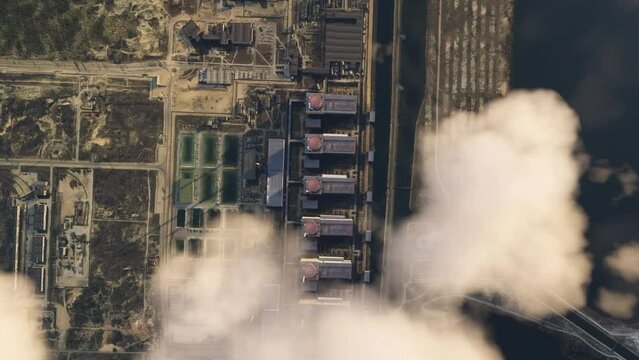 Top aerial shot of the Zaporizhzhia Nuclear Power Station in Ukraine. Europe