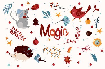 Christmas border with funny mouse in a scarf, cardinal bird, hedgehog, colorful flowers, leaves, and an inscription Magic in the middle. Winter compositions cute with animals. Vector. 