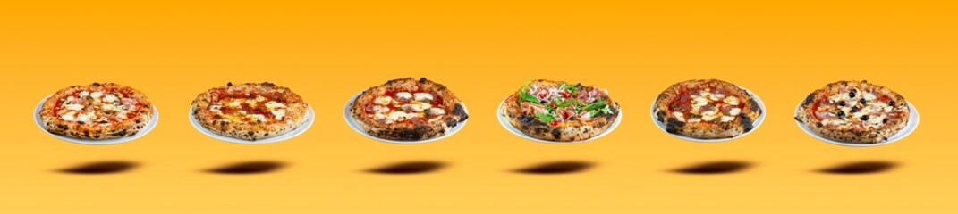Set of photos of Italian pizza on a background. Place for text. - obrazy, fototapety, plakaty