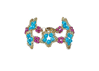 Women's bracelet, woven of gold, blue and pink beads. Isolated on a white background.