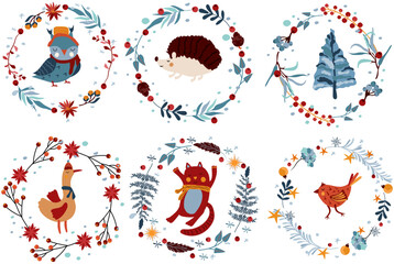 Set of Christmas wreath with winter animals, cute owl, funny goose in a scarf, happy cat, hedgehog and other. Winter wreath for greeting cards, poster, postcard, banner. Vector.