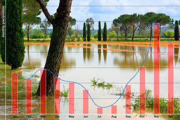Flooding after several days of torrential rain - concept with rainfall chart against a rural scene