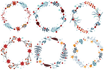 Set of Christmas wreath with flowers, leaves, red berries, stars and other. Pastel Winter wreath for greeting cards, poster, postcard, banner. Vector.