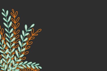 Fototapeta na wymiar Hand drawn doodle vintage inspired fern plant with leafy branches design corner isolated black background in mint green rusty orange color