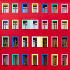 Red building with colored windows