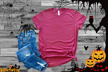 Mockup of a halloween Marron T-Shirt Blank Shirt Template Photo with Fall accessories and wooden...