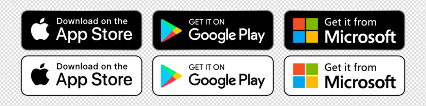 Apple App Store, Google Play Store, Microsoft: app download buttons on a transparent background. Download buttons for your website or app design. Editorial vector EPS 10