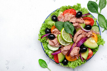 Tuna fish salad with avocado, tomato, cucumber, black olives, spinach, red onion and lettuce. White stone background, top view