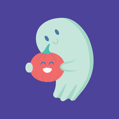 Cartoon Color Character Funny Happy Ghost with Pumpkin Halloween Concept Flat Design Style. Vector illustration
