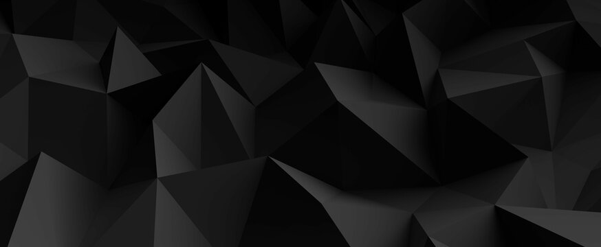 Dark polygonal triangle crystals abstract background. Black rough cuts with texture gradient 3d render and geometric tracery. Futuristic landscape of pyramids with triangular slices