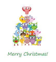 Obraz na płótnie Canvas We wish you a Merry Christmas and a happy New Year. Stylish holiday card with cute birds and owls in vector. Bright cartoon background with holiday birds