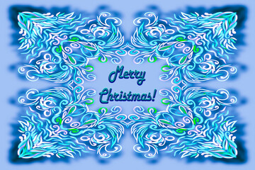 Fototapeta na wymiar Merry Christmas! Card template, colored background, 3D ornament, space for text