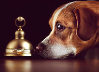 A dog looking at a bell, Pavlov's dog concept. Scientific experiment including a dog and a bell.