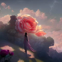 Foto op Plexiglas Fantasy rose in the background of the landscape. Fairytale mountain landscape with flowers. Beautiful pink rose, flowers. Fantasy flower garden, magic. 3D illustration. © MiaStendal