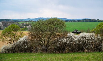 Obraz premium Green meadows, spring forests and Russian tank.