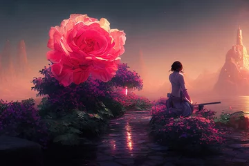Photo sur Plexiglas Couleur saumon Fantasy rose in the background of the landscape. Fairytale mountain landscape with flowers. Beautiful pink rose, flowers. Fantasy flower garden, magic. 3D illustration.