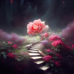 Fantasy rose in the background of the landscape. Fairytale mountain landscape with flowers. Beautiful pink rose, flowers. Fantasy flower garden, magic. 3D illustration. - obrazy, fototapety, plakaty