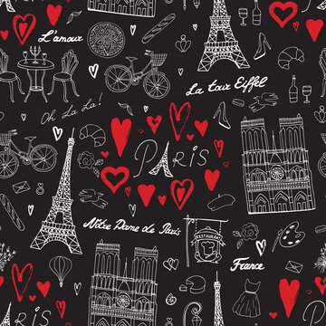 Paris France travel vector seamless pattern.