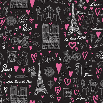Paris France travel vector seamless pattern.