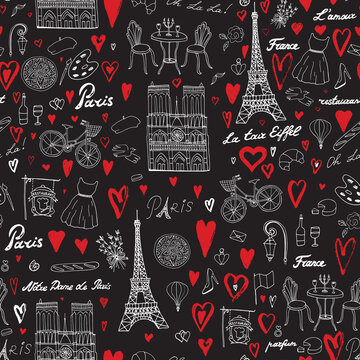 Paris France travel vector seamless pattern.