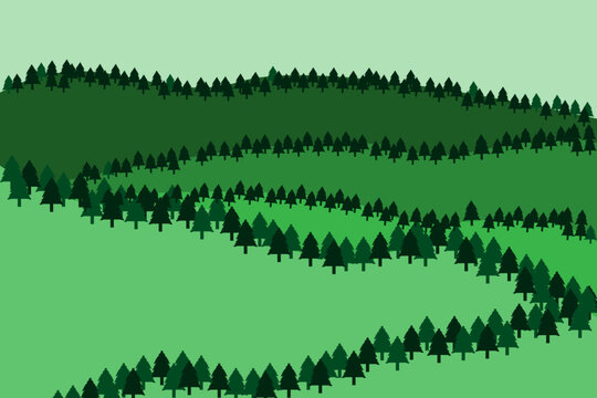 green gradient color mountain scenery with lots of pine trees