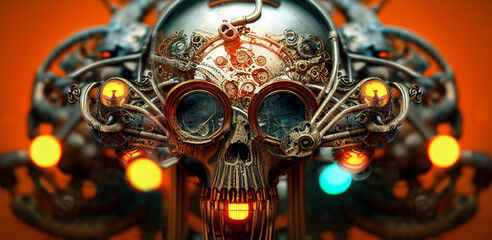 surreal steampunk skull, post apocalyptic satanic head, biomechanical helmet, generative ai