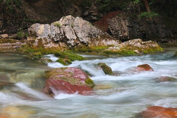 Motion blurred mountain river - Orrido dello Slizza hiking trail in Carnic Alps, Tarvisio, Italy