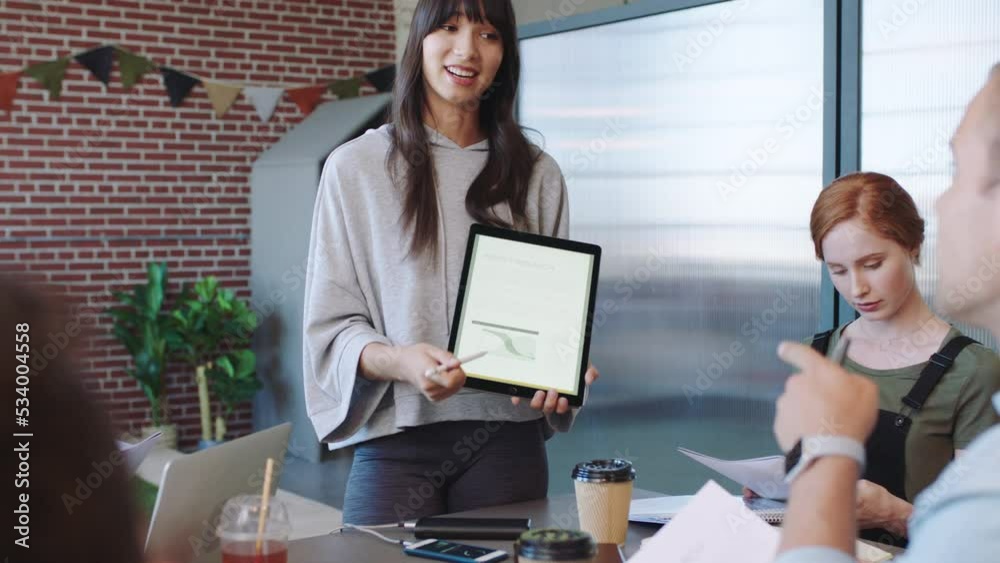 Poster digital tablet presentation, business team and tech consultant speaker in a marketing teamwork meeti