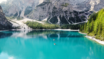 The Braies Lake in Summer in north Italy aerial shoot