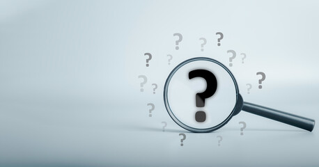 Magnifying glass and question mark sign icon. Problems and root cause analysis concept. copy space for background or text. - obrazy, fototapety, plakaty