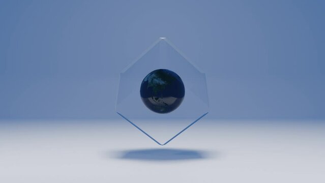 3d model of Earth planet in transparent glass box. Seamless loop motion graphic concept science background