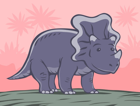 Small triceratops dinosaur with a horn. Herbivore cute ceratops. Dino Jurassic. Ancient prehistoric lizard. Character for children. Cartoon vector illustration. Hahd drawn outline style