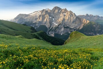 Fototapeta premium Summer Panorama in Val Badia, Dolomites. In the background the Marmolada, located at the Dolomiti Range, Italy